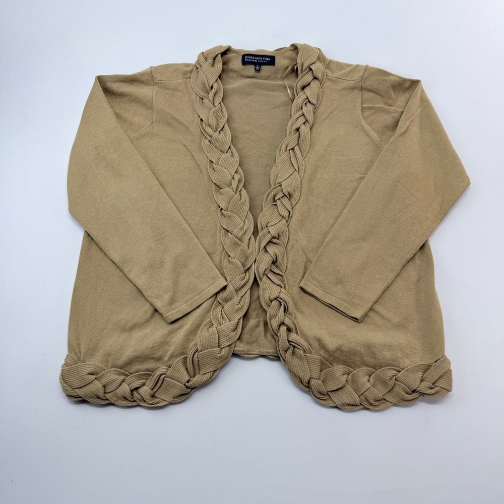 Jones New York Signature Woman Tan Braided Trim Open Front Cardigan Plus 1X